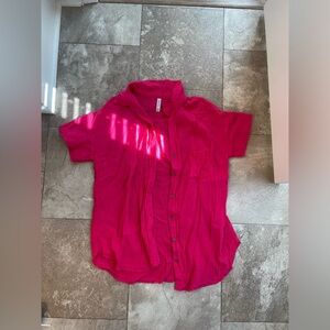Hot pink Muslin linen short sleeve button down